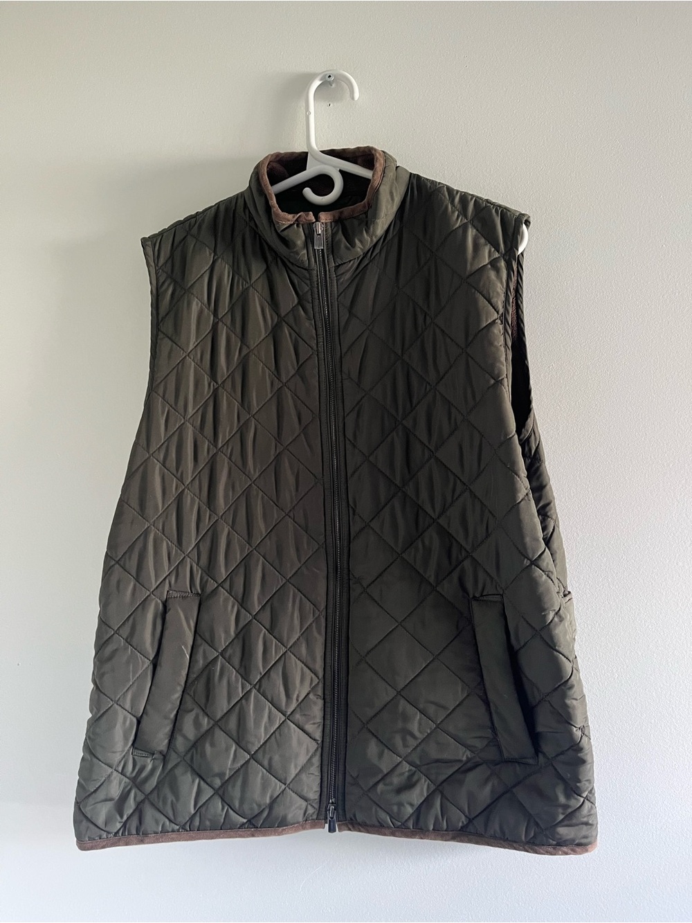 Magaschoni Quilted Dark Olive Green Vest with Brown Trim